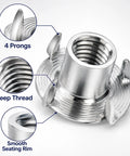 Close-up of Heavy Duty 20 Piece T Nuts Set in 304 Stainless Steel and Galvanized Finish showing 4 prongs and deep thread