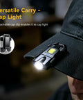 Ultra Bright 500 Lumen USB Rechargeable Small Flashlight Keychain Light attached to cap, showing portable use