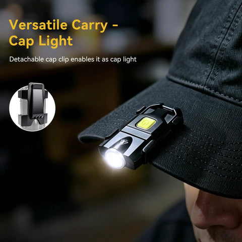 Ultra Bright 500 Lumen USB Rechargeable Small Flashlight Keychain Light attached to cap, showing portable use
