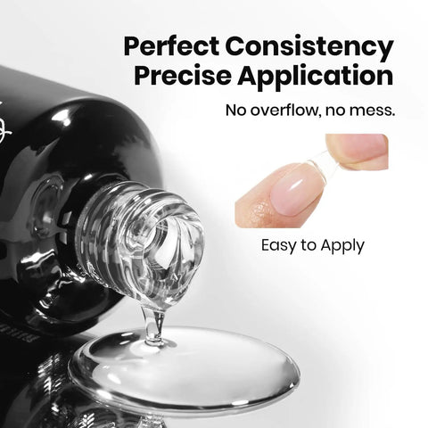 Close-up of HEMA Free Nail Tips Glue Kit with Builder Gel pouring from bottle, showing precise application