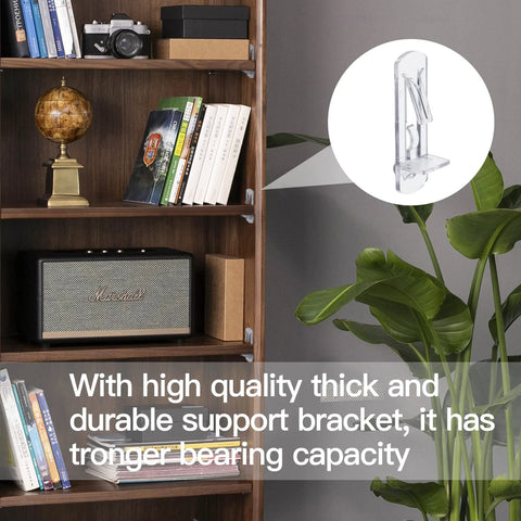 20 Pcs Clear Plastic Locking Shelf Pins 5mm 3/4 Inch Self Locking Shelf Support Peg Clips installed on cabinet