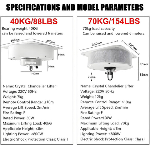 Specifications for Heavy Duty Motorized Chandelier Hoist Lift System With Remote Control for Villas and High Ceilings.