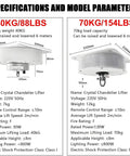 Motorized Chandelier Lifter Hoist System For Heavy Duty Pendant Lights specifications showing 40KG/88LBS and 70KG/154LBS options.