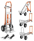 All In One 4 In 1 Convertible Aluminum Hand Truck with 1000 LB Capacity in various modes with elastic straps, orange frame