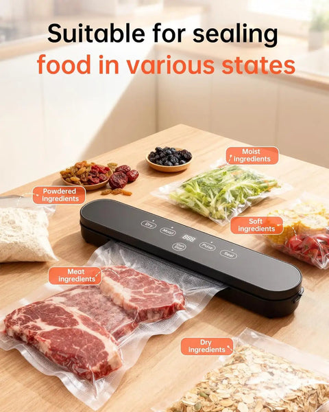 Compact Four In One Vacuum Sealer For Food With Digital Timer And 100W Motor on kitchen counter sealing various food types