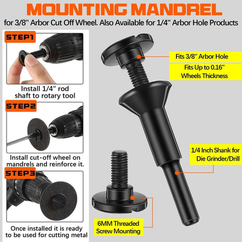 Diagram of mounting mandrel for 50 Pack 2 Inch Die Grinder Cut Off Wheels With Three Eighths Inch Arbor And One Quarter Inch Stem Mandrel Holder Kit.