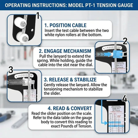 Ultimate Sailboat Rigging Tension Gauge For Quick Cable Checks, 0 To 800 Lb Range, Compatible With 3/32, 1/8, And 5/32 Inch Wire Rope, Hands Off Tension Tester For Standing Rigging, Tighten With Confidence. PT-1 guide steps