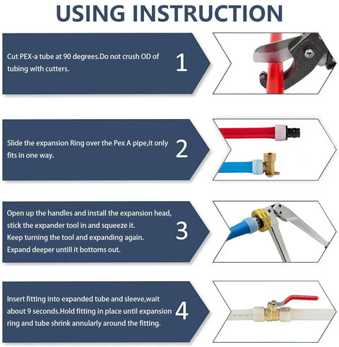 Instructions for using Half Inch Pex A Tubing Bundle 200 Ft Red And Blue With Brass Expansion Fittings Elbow Tee Coupler Pack 100 Rings