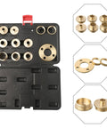 Top Shelf 11 Piece Solid Brass Router Template Guide Kit With Lock Nut Adapter And Storage Bag For Dovetail Hinge Milling Woodworking Projects That Deliver Slick Cuts And Boss Level Precision Every Time in a black storage case with various brass rings.