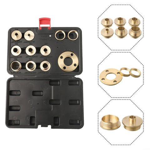 Top Shelf 11 Piece Solid Brass Router Template Guide Kit With Lock Nut Adapter And Storage Bag For Dovetail Hinge Milling Woodworking Projects That Deliver Slick Cuts And Boss Level Precision Every Time in a black storage case with various brass rings.