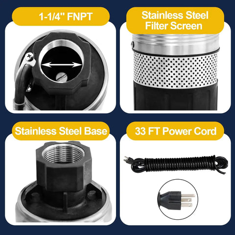 Details of 4 Inch Stainless Steel Submersible Well Pump For Septic Systems Bottom Suction With 33 Foot Cable Three Quarter HP 115V 60Hz 32 GPM 174 Foot Head Rugged Heavy Duty For Home And Industrial Use, including FNPT, filter screen, and power cord.
