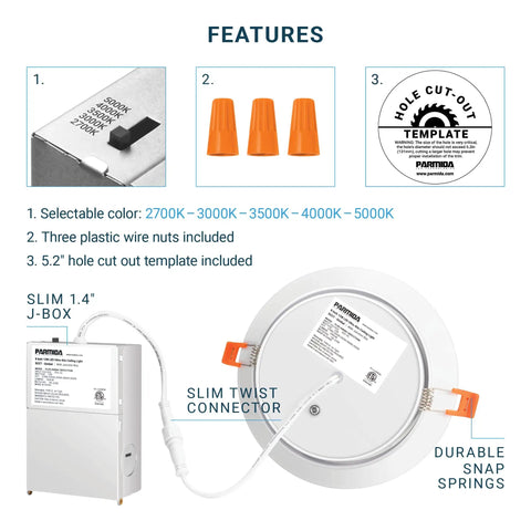Ultra Thin 6 Inch LED Recessed Gimbal Lights With J Box No Fuss Install 12W Dimmable 5 Color Temp Switchable IC ETL Listed features