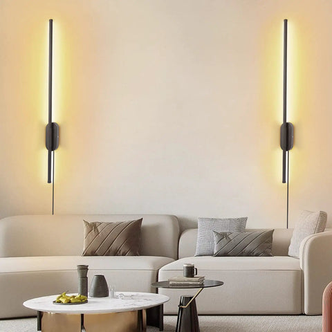 Set Of Two Black Matte Plug In Wall Sconces With Cord Switch LED Linear Wall Lights Sleek Slim Design Dimmable Three Color Temperature Indoor Outdoor Use Modern Home Lighting For Living Room Hallway