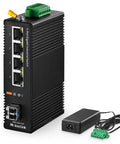 Rugged 5 Port Industrial DIN Rail Network Switch with 4 Gigabit Ethernet ports and 1 SFP uplink shown with power supply