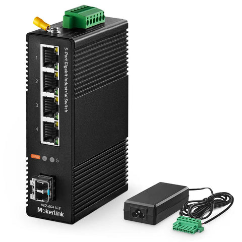 Rugged 5 Port Industrial DIN Rail Network Switch with 4 Gigabit Ethernet ports and 1 SFP uplink shown with power supply