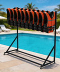 Heavy-Duty Freestanding Life Vest Holder And Gear Rack Boss-Grade Swivel-Wheel Dock Organizer next to pool.