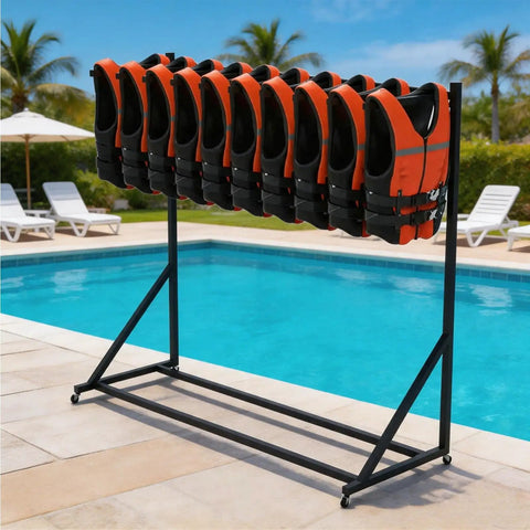 Heavy-Duty Freestanding Life Vest Holder And Gear Rack Boss-Grade Swivel-Wheel Dock Organizer next to pool.