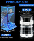Slick No Mess Blue Clear Acrylic Bird Feeder And Water Dispenser Set With Six Automatic Gravity Feeders For Backyard Flocks, detailed product size graphic.