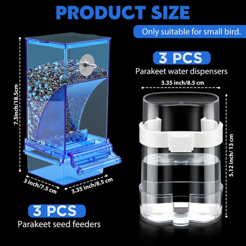 Slick No Mess Blue Clear Acrylic Bird Feeder And Water Dispenser Set With Six Automatic Gravity Feeders For Backyard Flocks, detailed product size graphic.
