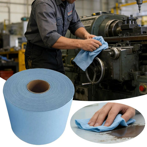 Person using Heavy Duty Blue Towels Jumbo Roll With 500 Industrial Strength Wipes for garage cleanup and machine maintenance.