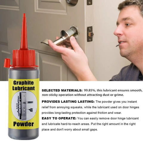 Man using Graphite Powder Lubricant For Locks Hinges And Tools One Ounce Sixty Milliliters Ultra Fine Dry Film Lube on door hinge