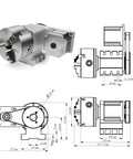 Built Tough Cnc Rotary Axis Fourth A Kit Featuring Smooth As Butter Three Jaw Chuck And Generous Thirty Millimeter Bore, side and top view with dimensions.