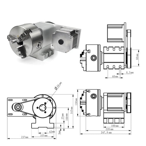Built Tough Cnc Rotary Axis Fourth A Kit Featuring Smooth As Butter Three Jaw Chuck And Generous Thirty Millimeter Bore, side and top view with dimensions.