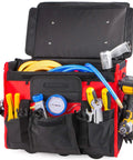 18 inch Rolling Tool Bag Organizer With Wheels, open to show hand tools, power tools, and accessories in wide storage compartments.
