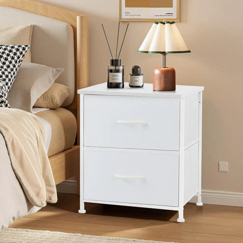 Cozy Two Drawer Nightstand With Removable Fabric Drawers And Wooden Top End Table For Bedroom Dorm And Entryway White Finish