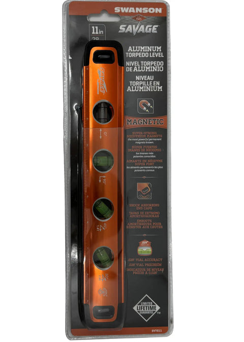 Savage Grip 11-Inch Aluminum Torpedo Level With Brightview Technology and Four Neodymium Magnets, packaging front view