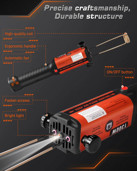 Induction Bolt Removal Kit With 1300W 110V Power, Handheld Induction Heater Tool features ergonomic handle and high-quality coil.