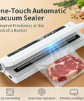 Powerful 75KPa Vacuum Sealer Machine With Dry And Wet Modes sealing meat, features digital countdown timer and LED indicator.