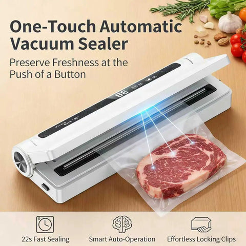 Powerful 75KPa Vacuum Sealer Machine With Dry And Wet Modes sealing meat, features digital countdown timer and LED indicator.