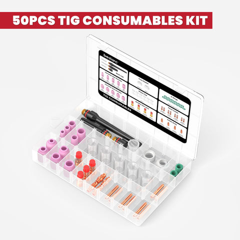 Open box displaying All-In-One 50-Piece TIG Welding Torch Accessories Kit with alumina nozzles and gas lens for WP-17/18/26 torches.