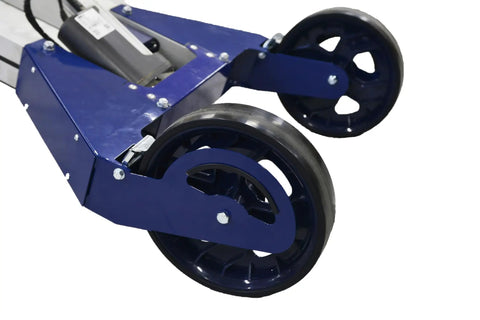 Close-up of wheels on Powered Hand Truck Lift System With Hook, 309 Lb Lift Capacity, 18V Li Rechargeable Battery