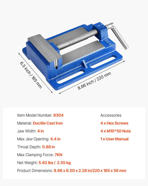 4 Inch Jaw Width Drill Press Vise With Slotted Base, portable bench vise in durable blue cast iron for woodworking and metalworking