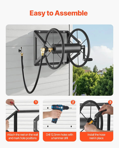 Easy assembly steps for Wall Mounted Garden Hose Reel Holds 200 Feet Of 5/8 Inch Hose Heavy Duty Steel Outdoor Water Reel Brass Fittings