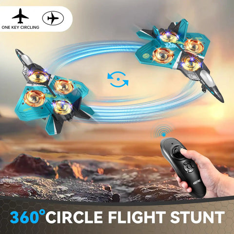 Foam Remote Control Airplanes For Kids And Adults, 360 Degree Flip Fighter Jet With Light in mid-air, remote in hand.