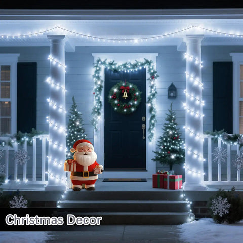 House porch decorated with Ultra Long 403 Ft 1000 LED Outdoor Christmas Lights 8 Modes Waterproof Plug In with Timer.
