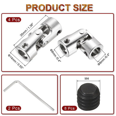 4Pcs 8mm To 8mm Universal Joint Shaft Coupling Kit For Model Cars And Ships, 45 Degree Rotatable Joints In SAE 1045 Steel, Includes Screws And Wrench