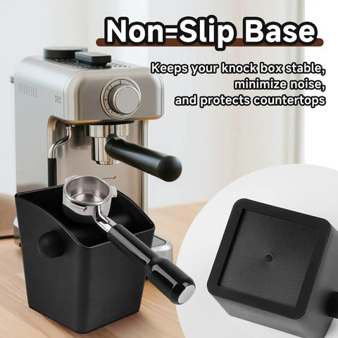Espresso Knock Box With Large Capacity For Fast Grounds Disposal, Durable Shock Absorbing Puck Bin showing non-slip base