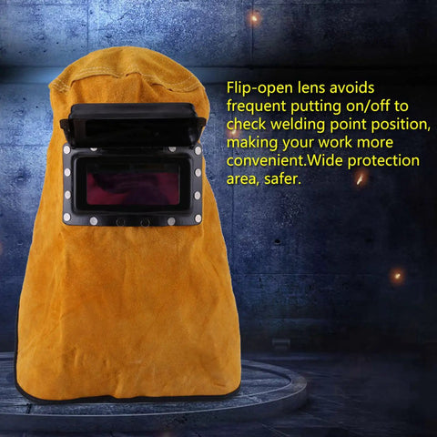 Cowhide Leather Welding Hood With Auto Darkening Lens Pancake Style Welding Helmet Mask For Arc Welding front view