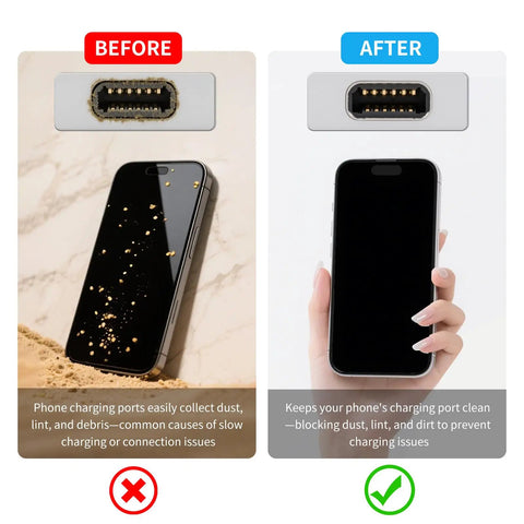 Before and after use of USB C Dust Plug Kit With 25 Silicone Port Plugs In 5 Colors And Cleaning Kit, showing clean charging port.