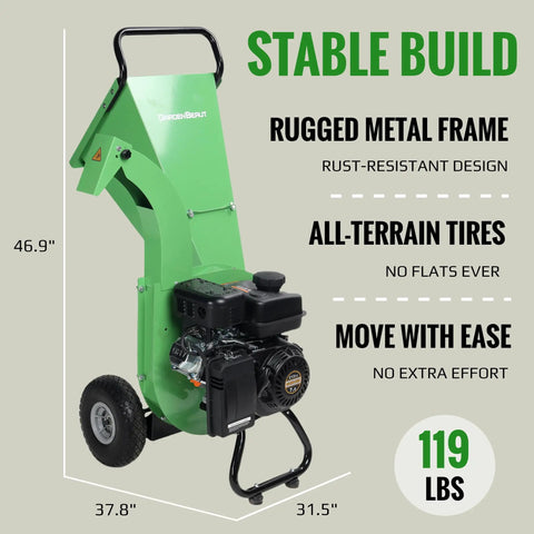 Beast Mode Gas Powered Wood Chipper Shredder Mulcher With 20 To 1 Reduction Ratio displayed with metal frame and tires.