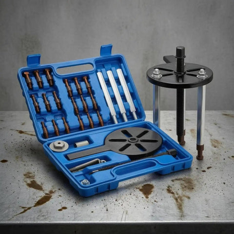 Badass Heavy Duty Universal Bearing Extractor Puller Tool Kit Includes Interchangeable Arms And Rugged Case Perfect For Pro Mechanics And Home Garage To Yank Stuck Bearings Away Without Pain With Strong Central Plates Forcing Screw Auto Tools. Blue case open with metal puller parts
