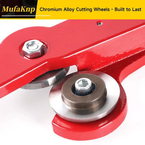 Portable Sheet Metal Cutter Hand Snips For Easy Cutting Of 28 Gauge Galvanized Steel And 0.4 Millimeter Cold Rolled Metal Handheld Tin Snips With Double Wheels For Smooth Precise Panel Slitting In A DIY Home Workshop, red double cutting wheels close-up