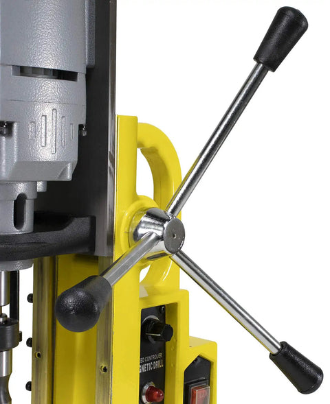 Close-up of Heavy Duty Magnetic Drill Press With 1-3/4 Inch Boring Capacity And 2700 Pound Rock Solid Grip control panel and handles.