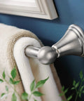 Preston Collection 24 Inch Single Wall Mounted Towel Bar In Brushed Nickel Finish installed with towel