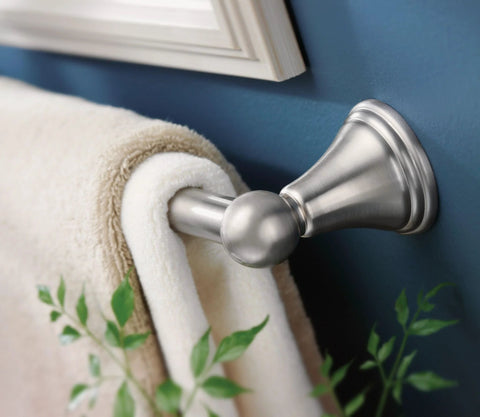 Preston Collection 24 Inch Single Wall Mounted Towel Bar In Brushed Nickel Finish installed with towel