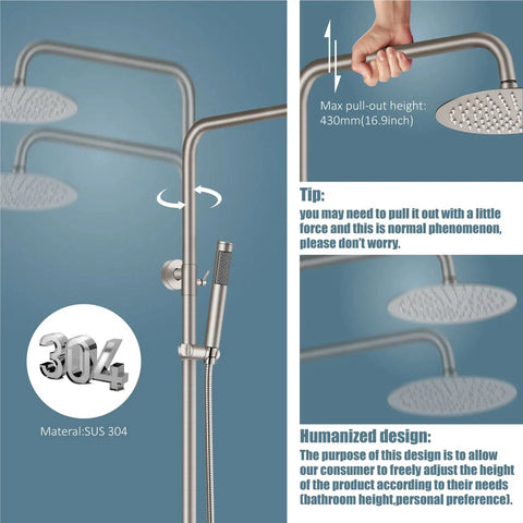 Outdoor Shower Faucet With 8 Inch Rainfall Shower Head Stainless Steel SUS304 All Metal Set Hand Spray 3 Function Combo Brushed Nickel Finish Built Tough For Durable Outdoor Showers with adjustable height feature.